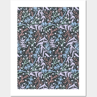 Botanicals and Dots - Hand Drawn Design - Pastel Blue, Mint, Purple, Red, and Dark Grey Posters and Art